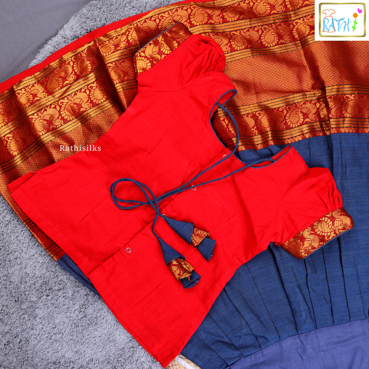 Traditional Red & Blue Narayanapet Pavadai Sattai