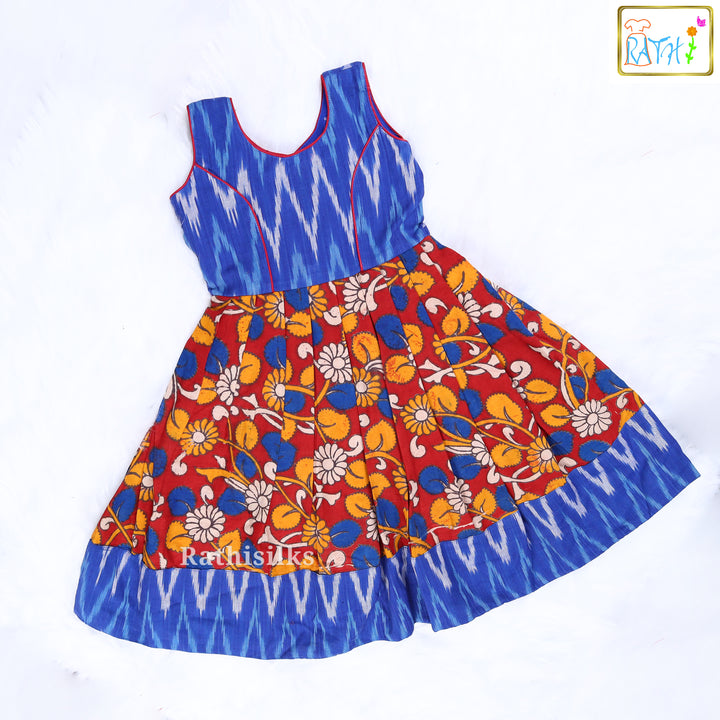 Blue Ikat & Kalamkari Cotton Frock