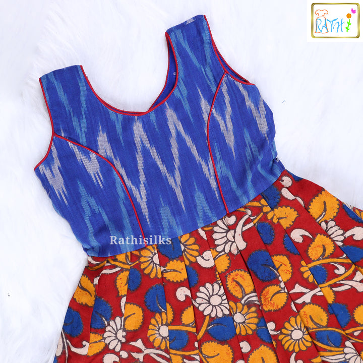 Blue Ikat & Kalamkari Cotton Frock
