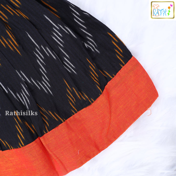 Elegant Black & Orange Ikat Cotton Frock