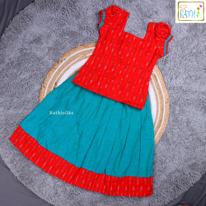 Traditional Red & Green Ikat Pavadai Sattai