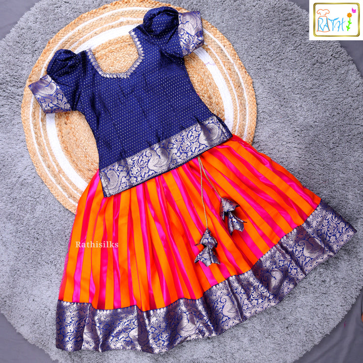 Girls’ Navy Blue & Orange Pavadai Sattai