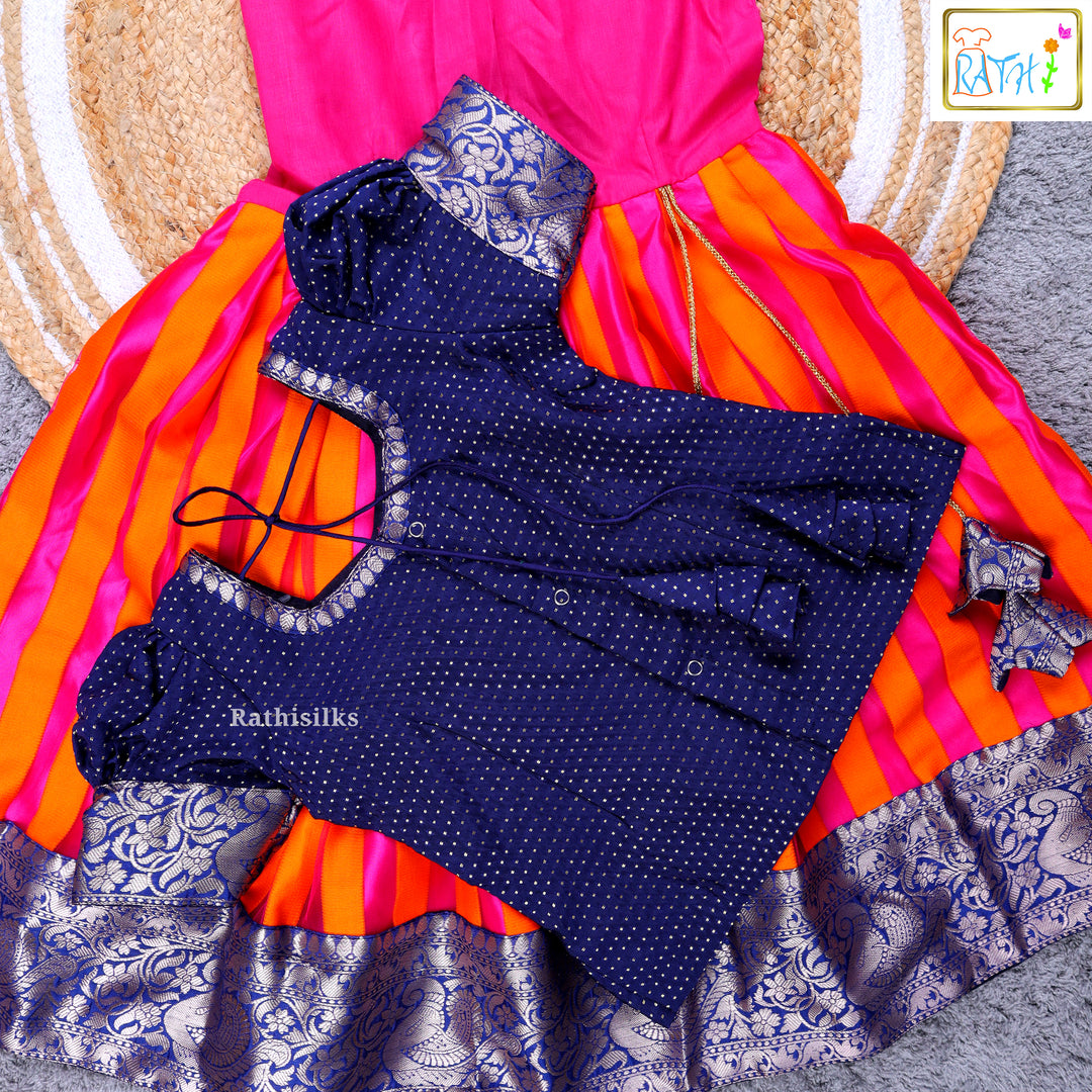 Girls’ Navy Blue & Orange Pavadai Sattai