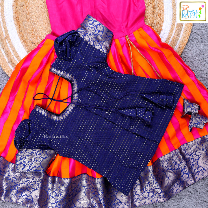 Girls’ Navy Blue & Orange Pavadai Sattai