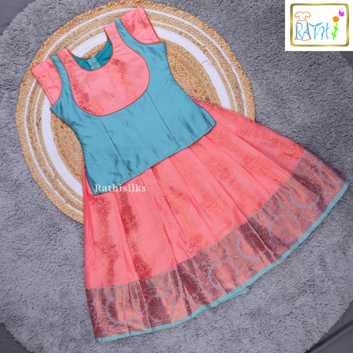 Girls’ Teal Blue & Peach Pavadai Sattai