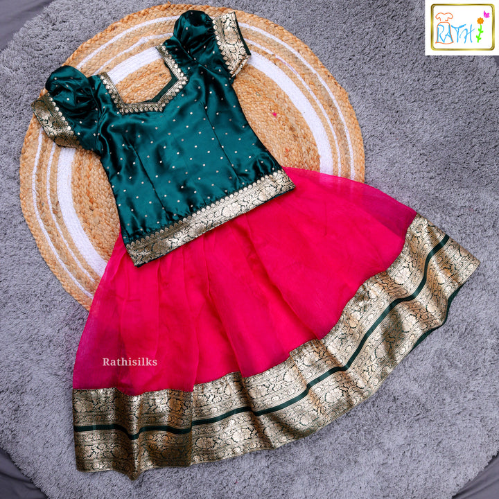 Girls’ Green Blouse & Pink Skirt Pavadai Sattai