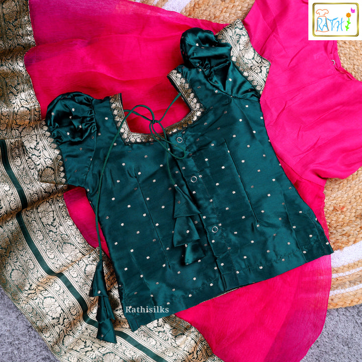 Girls’ Green Blouse & Pink Skirt Pavadai Sattai