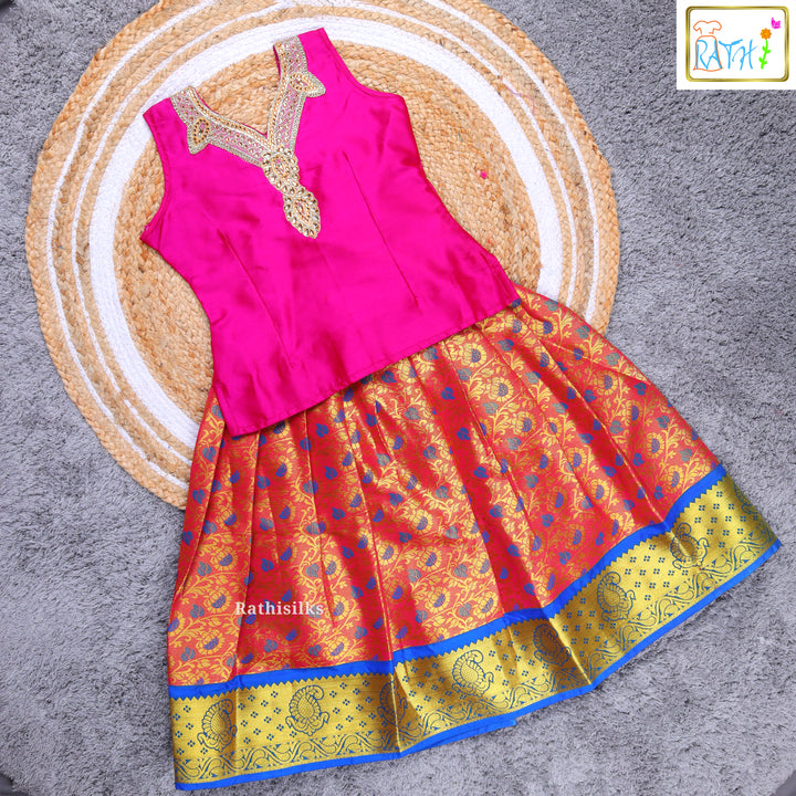 Pink & Orange Kanchipuram Pavadai Sattai