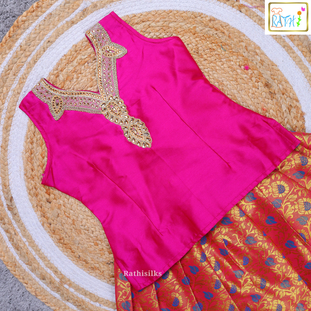 Pink & Orange Kanchipuram Pavadai Sattai