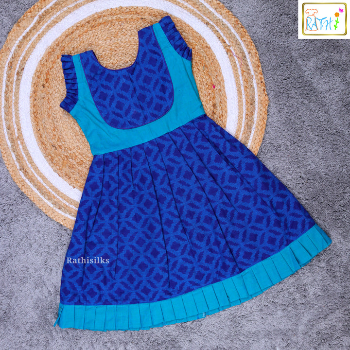 Elegant Blue Ikat Cotton Frock