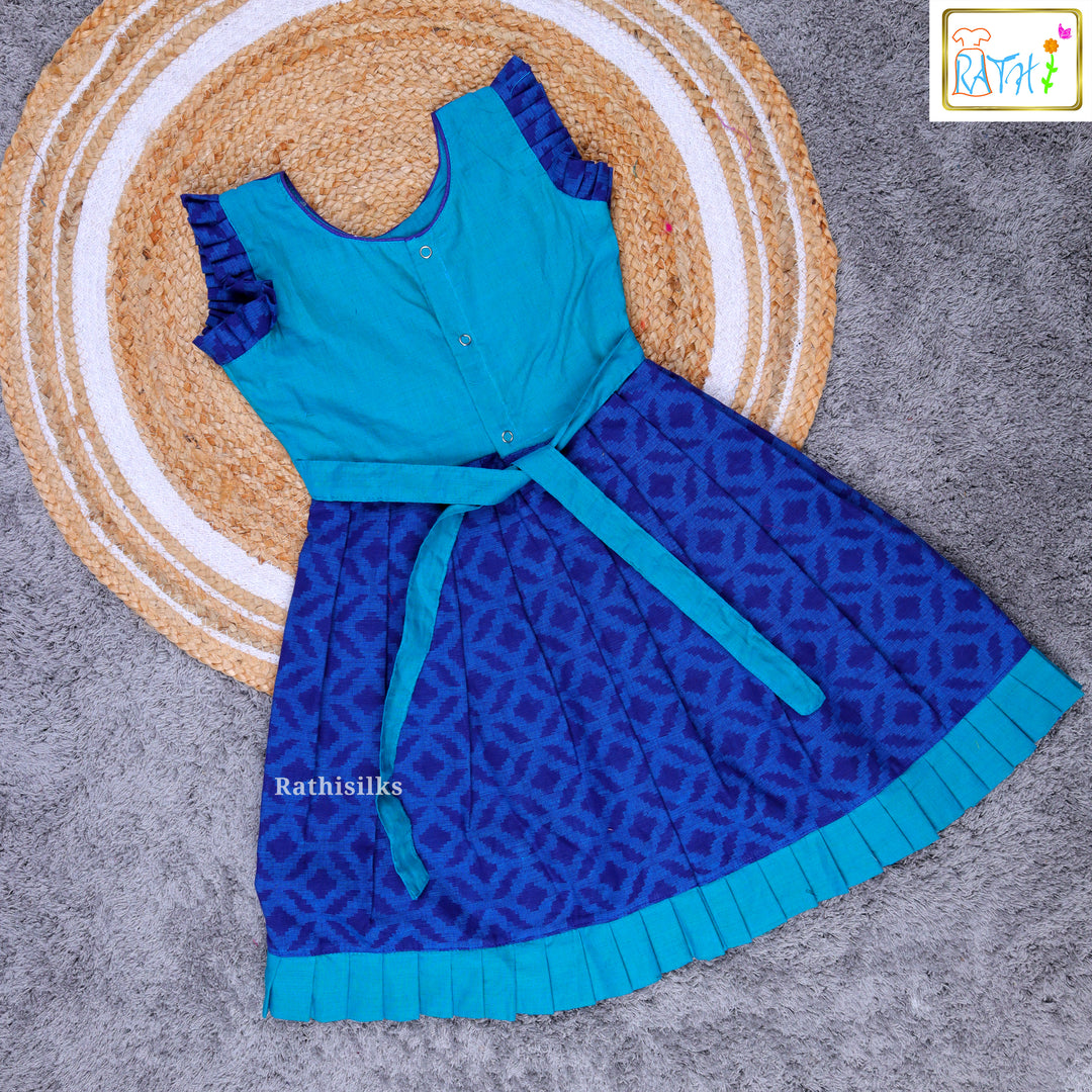 Elegant Blue Ikat Cotton Frock