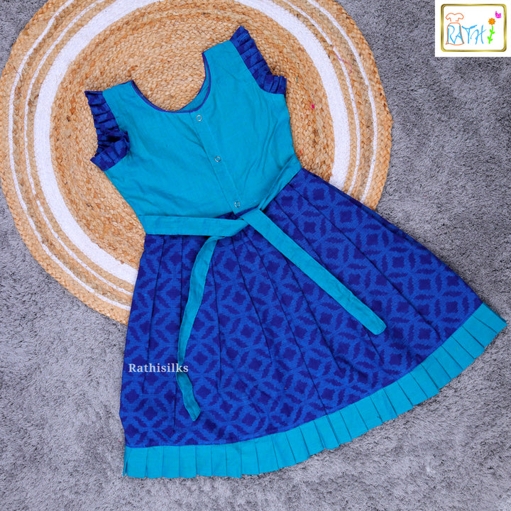 Elegant Blue Ikat Cotton Frock