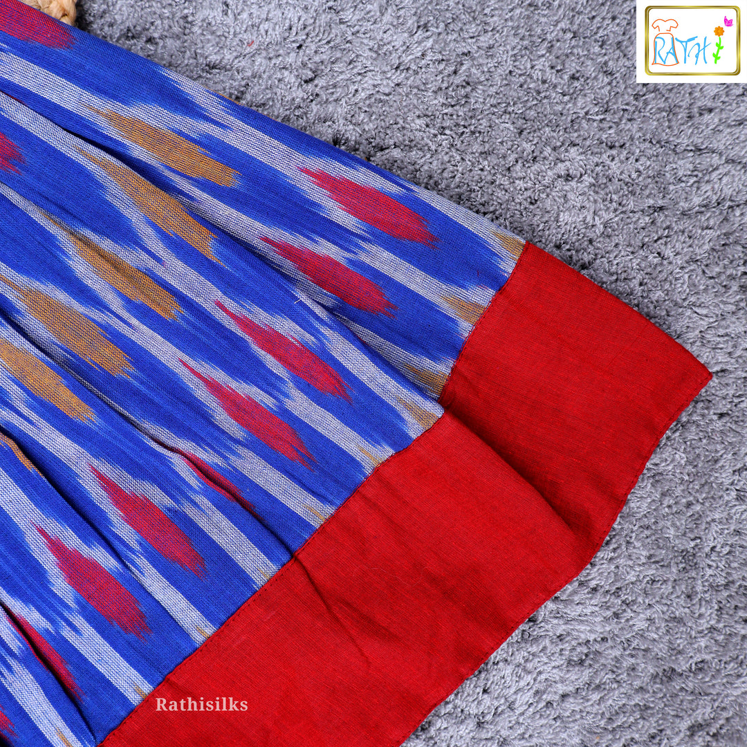 Elegant Blue & Red Ikat Cotton Frock