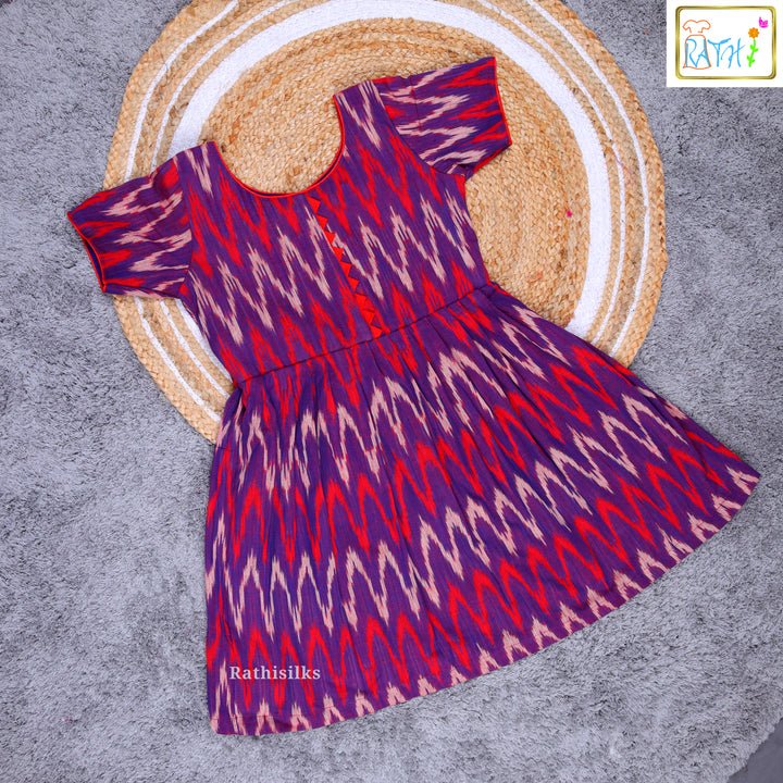 Elegant Purple & Red Ikat Cotton Frock