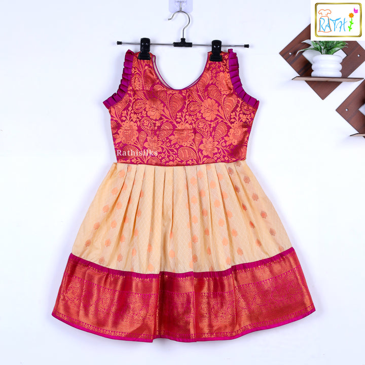 Girls’ Peach & Pink Brocade Yoke Frock