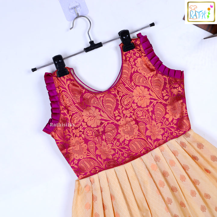 Girls’ Peach & Pink Brocade Yoke Frock