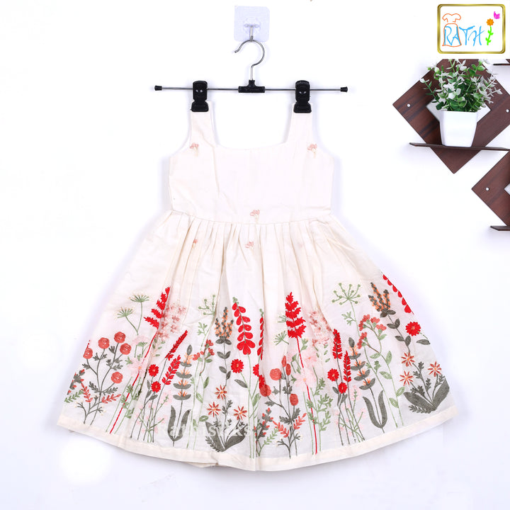 Cream Cotton Embroidered Frock with Red Attached Coat