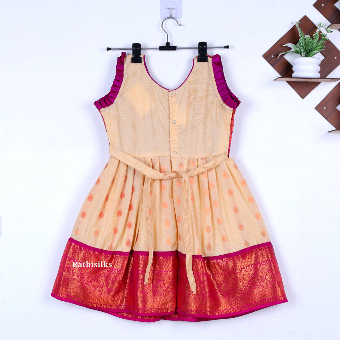 Girls’ Peach & Pink Brocade Yoke Frock