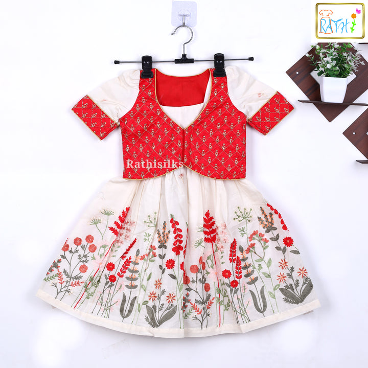 Cream Cotton Embroidered Frock with Red Attached Coat