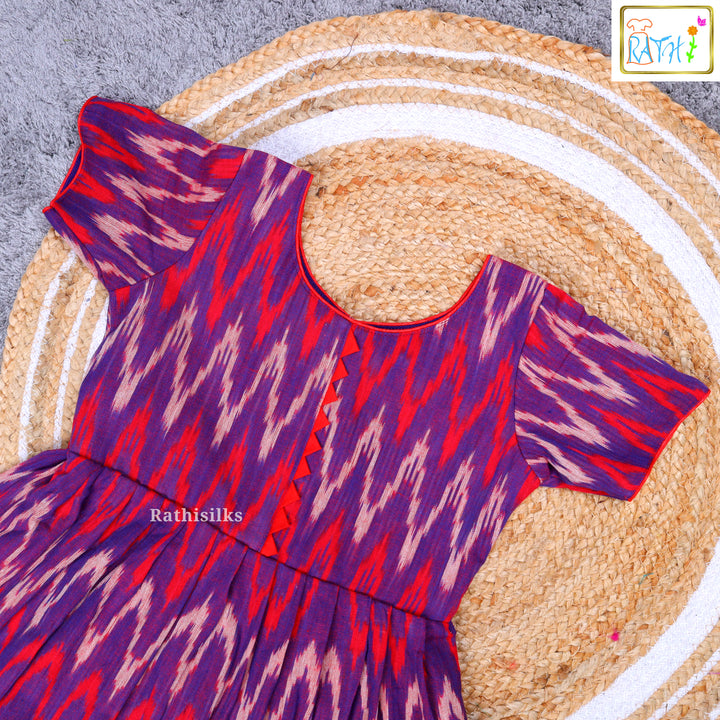 Elegant Purple & Red Ikat Cotton Frock