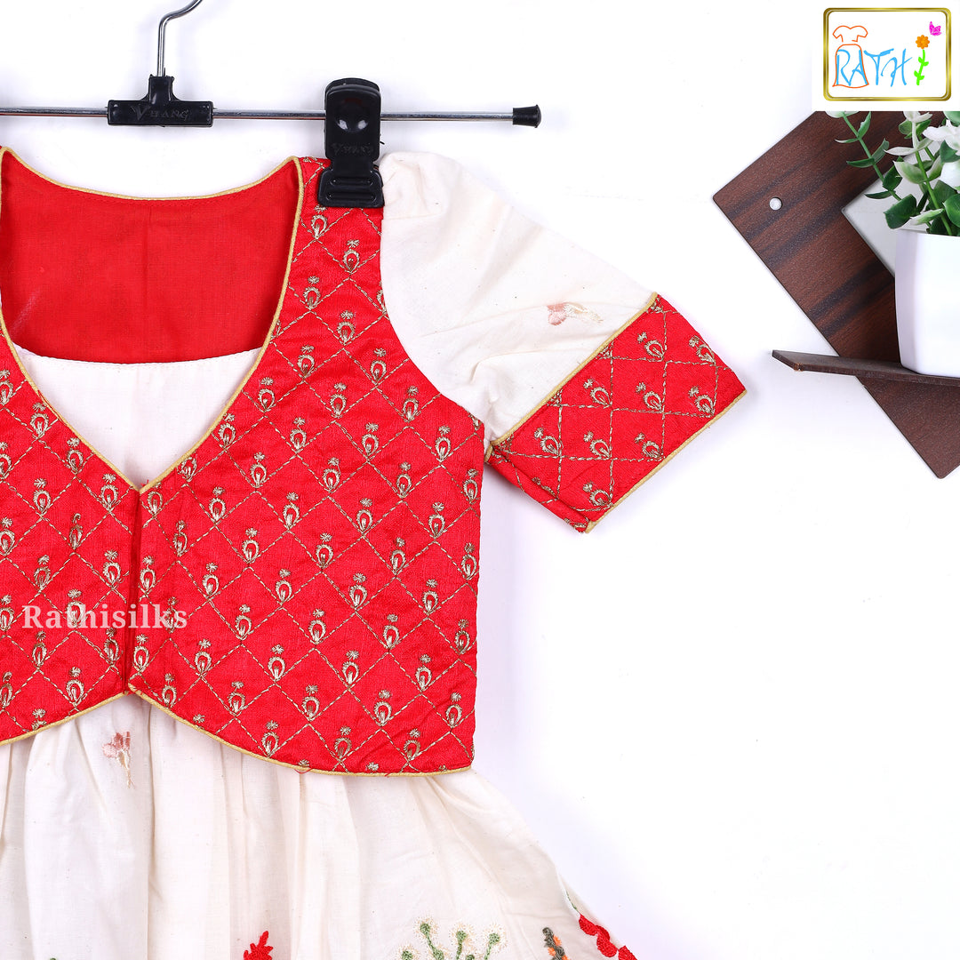Cream Cotton Embroidered Frock with Red Attached Coat
