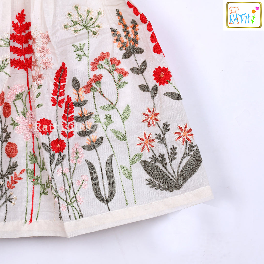 Cream Cotton Embroidered Frock with Red Attached Coat