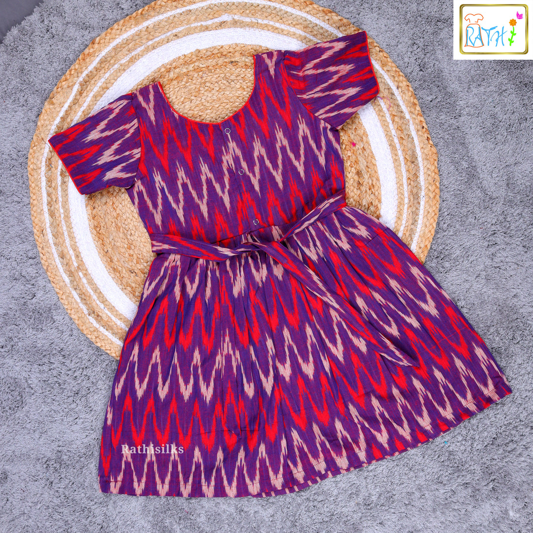 Elegant Purple & Red Ikat Cotton Frock