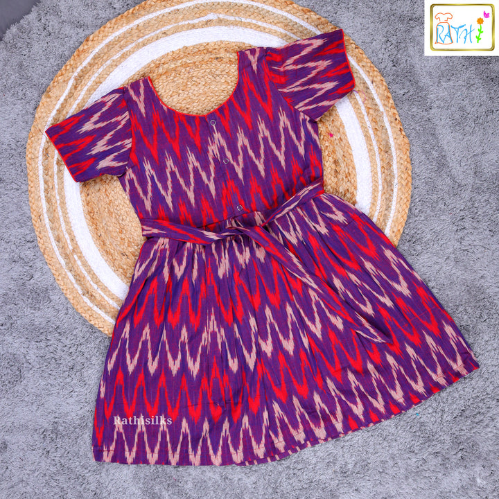 Elegant Purple & Red Ikat Cotton Frock