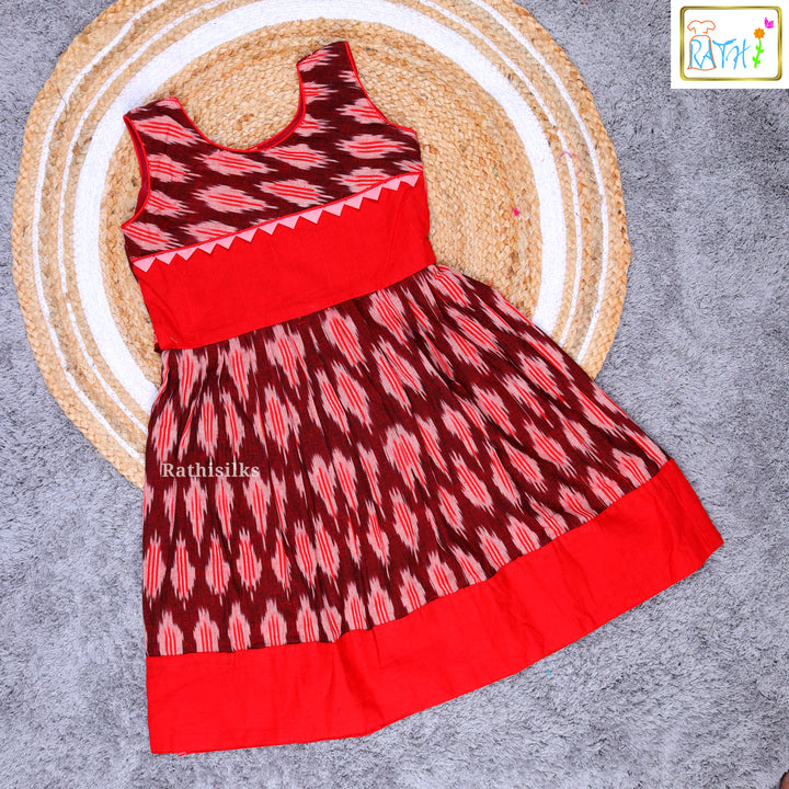 Elegant Maroon & Red Ikat Cotton Frock