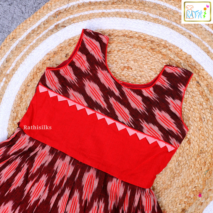 Elegant Maroon & Red Ikat Cotton Frock