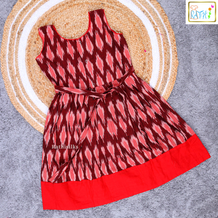 Elegant Maroon & Red Ikat Cotton Frock