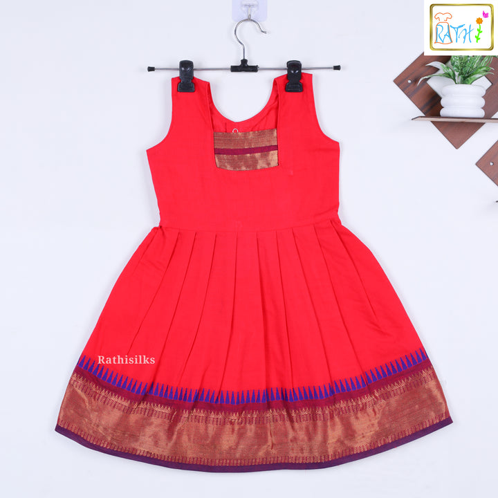 Bright Red & Blue Cotton Short Frock