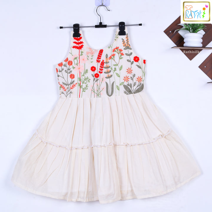 Cream Sleeveless Floral Embroidered Frock
