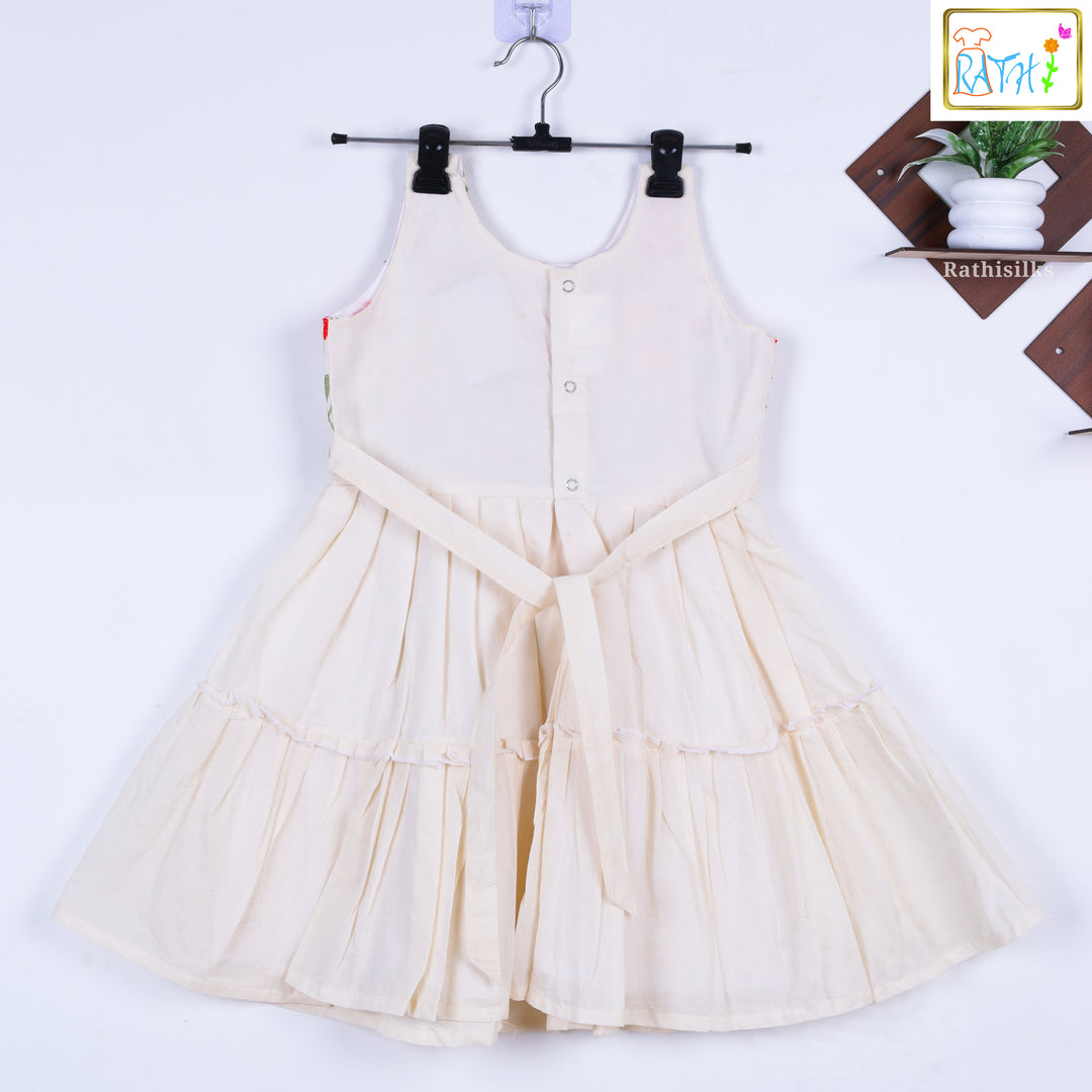 Cream Sleeveless Floral Embroidered Frock