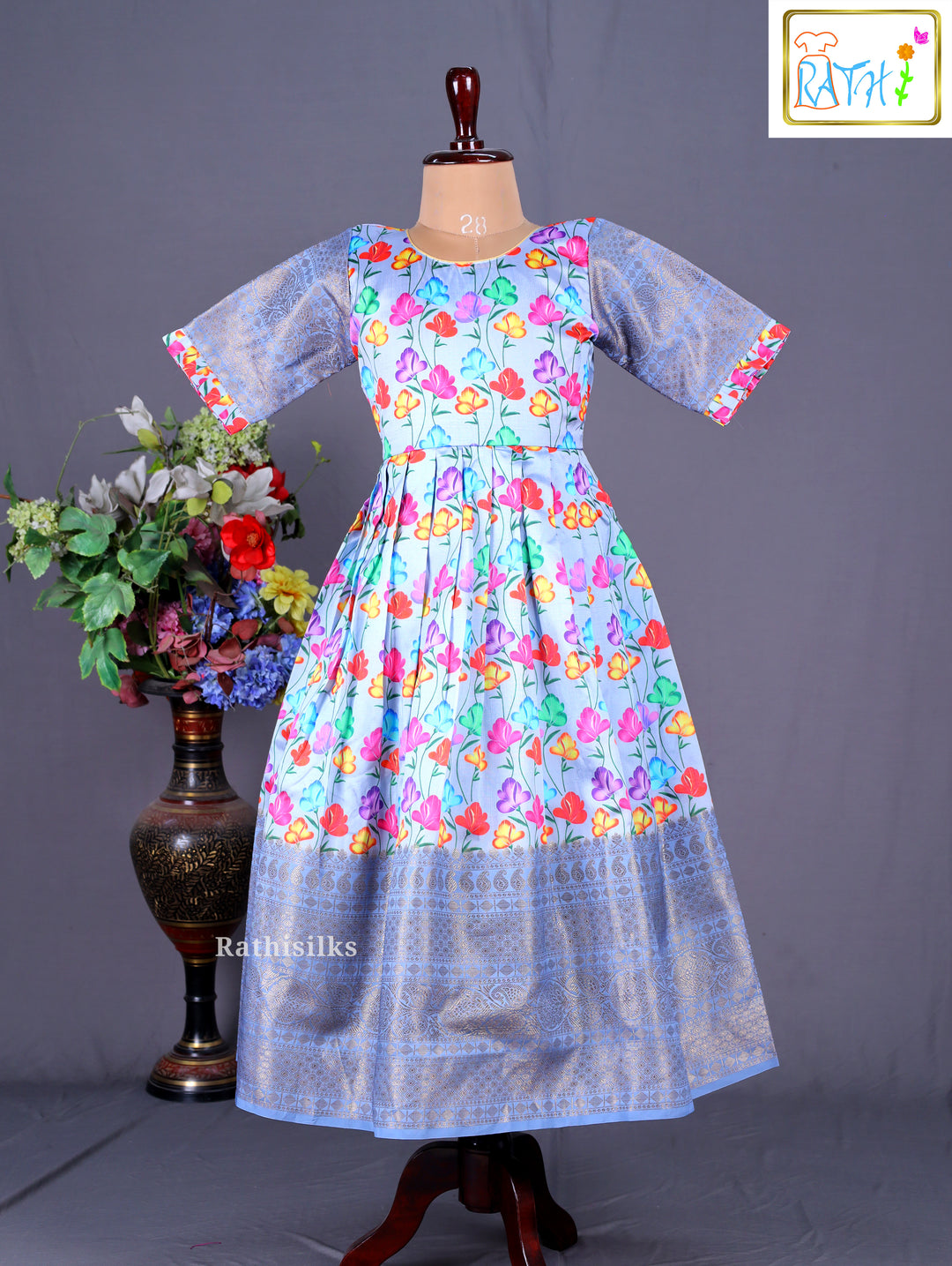 Blue Floral Ethnic Frock with Red Jacket