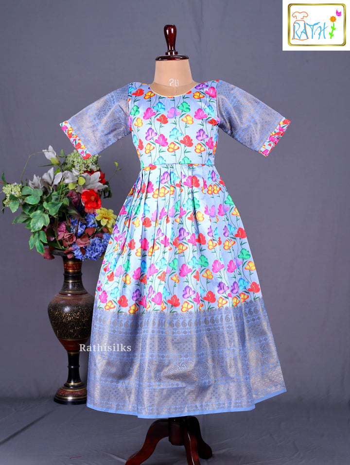 Blue Floral Ethnic Frock with Red Jacket