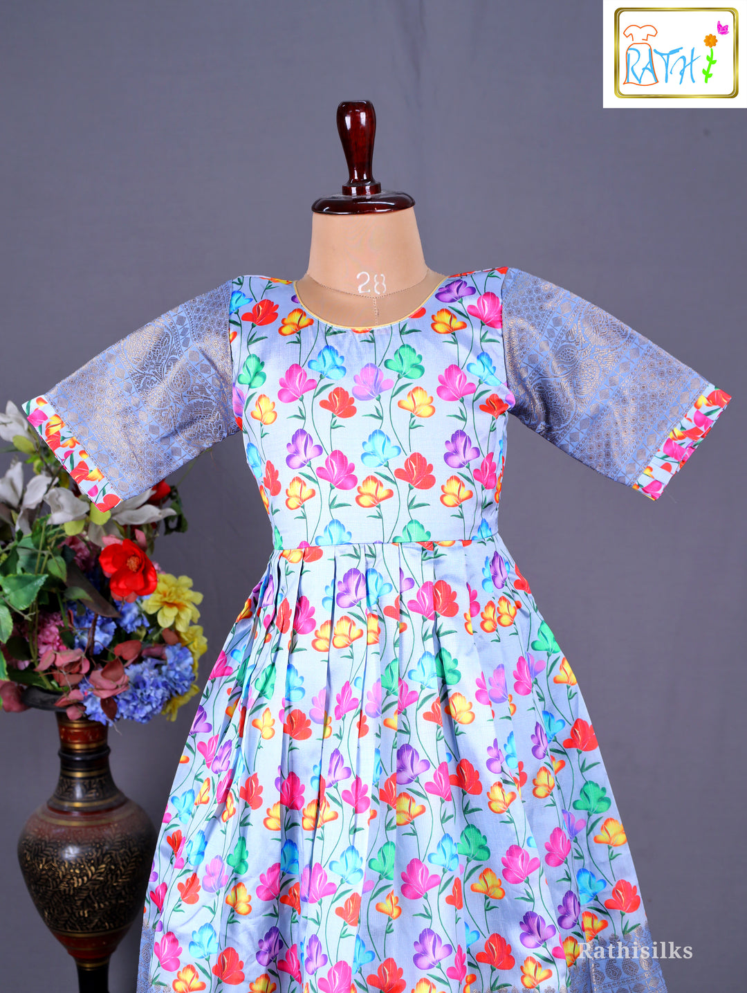 Blue Floral Ethnic Frock with Red Jacket