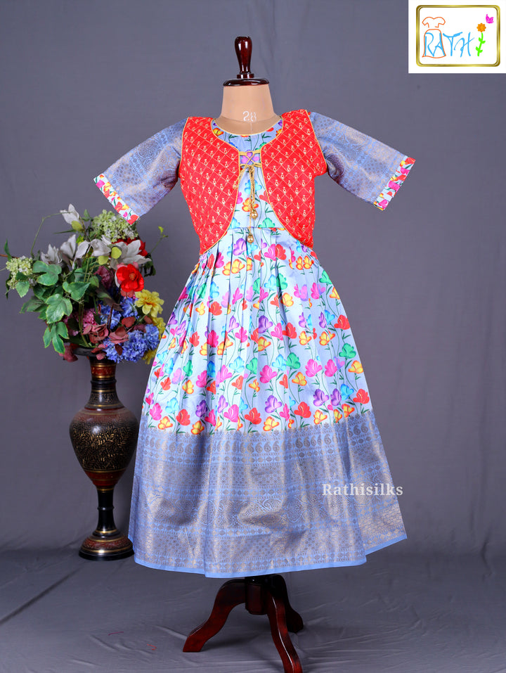 Blue Floral Ethnic Frock with Red Jacket