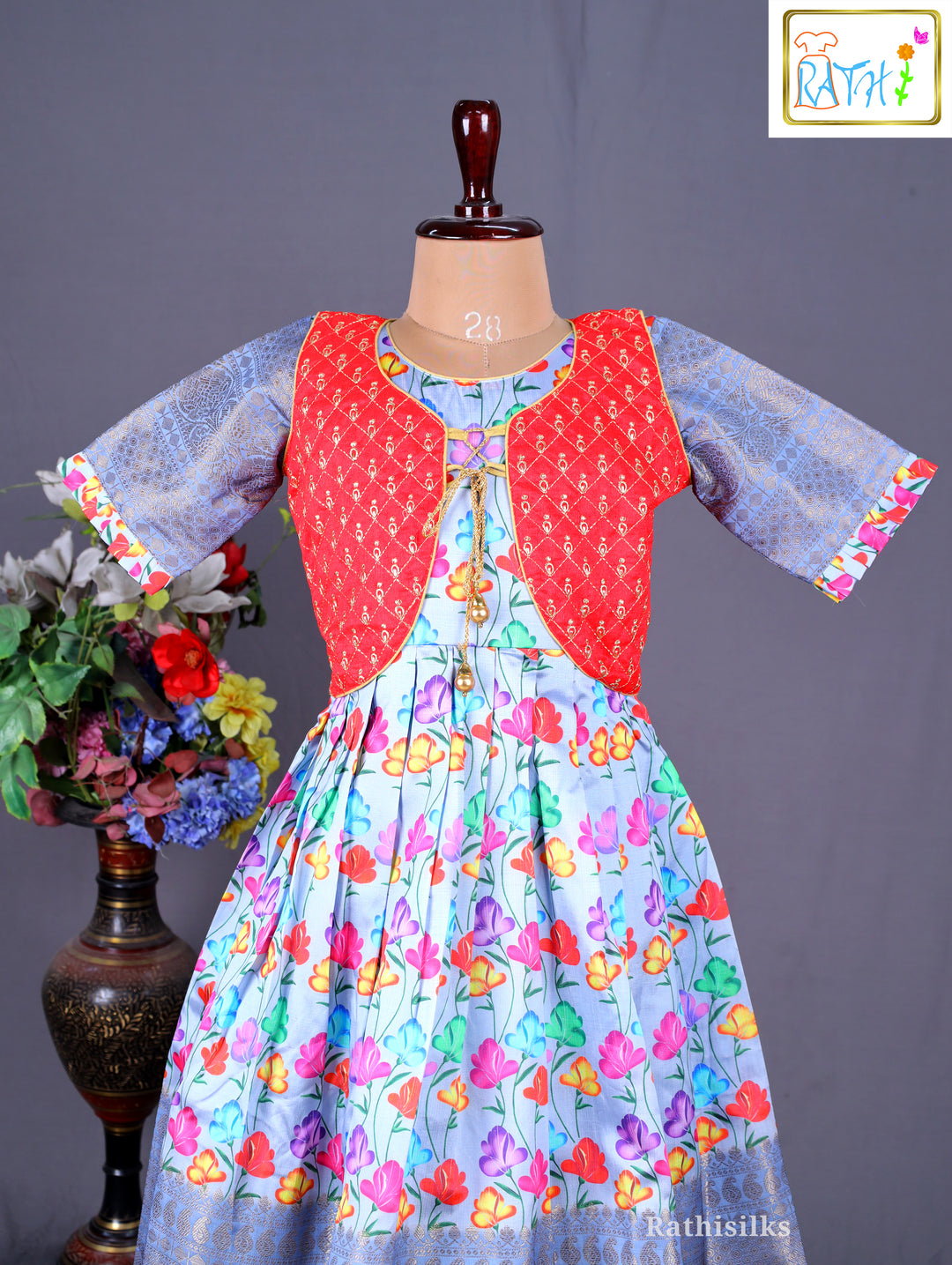 Blue Floral Ethnic Frock with Red Jacket