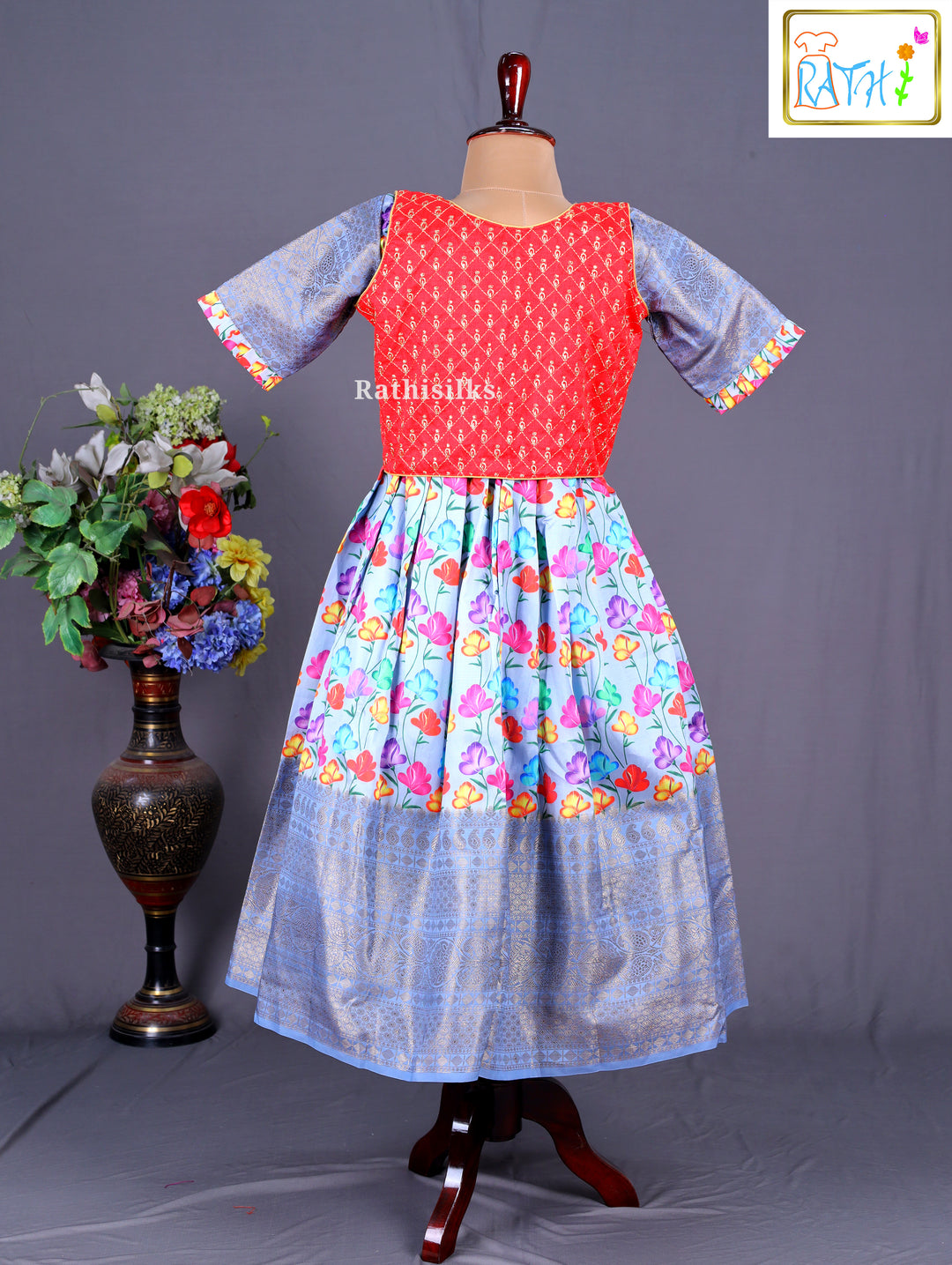 Blue Floral Ethnic Frock with Red Jacket