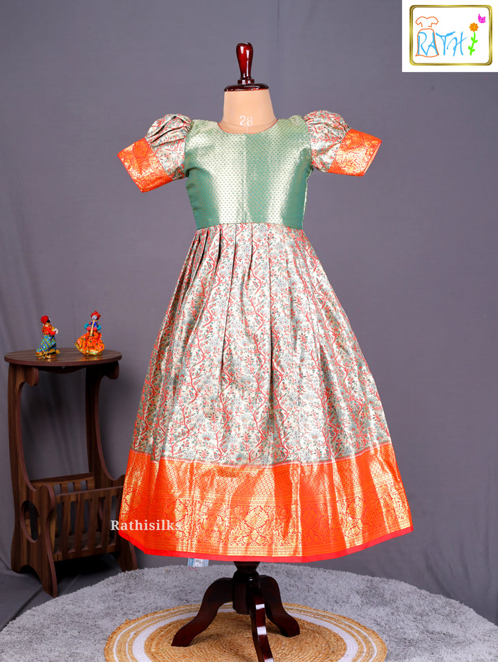 Green & Orange Art Silk Saree Dress