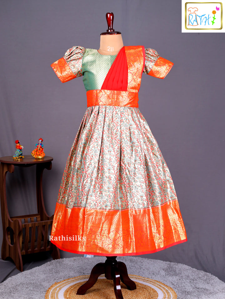 Green & Orange Art Silk Saree Dress