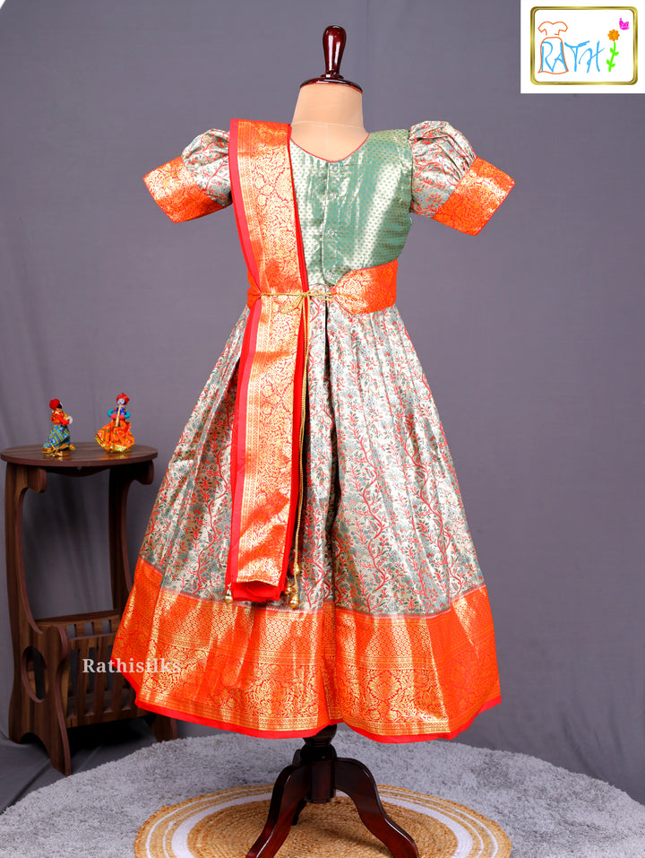 Green & Orange Art Silk Saree Dress