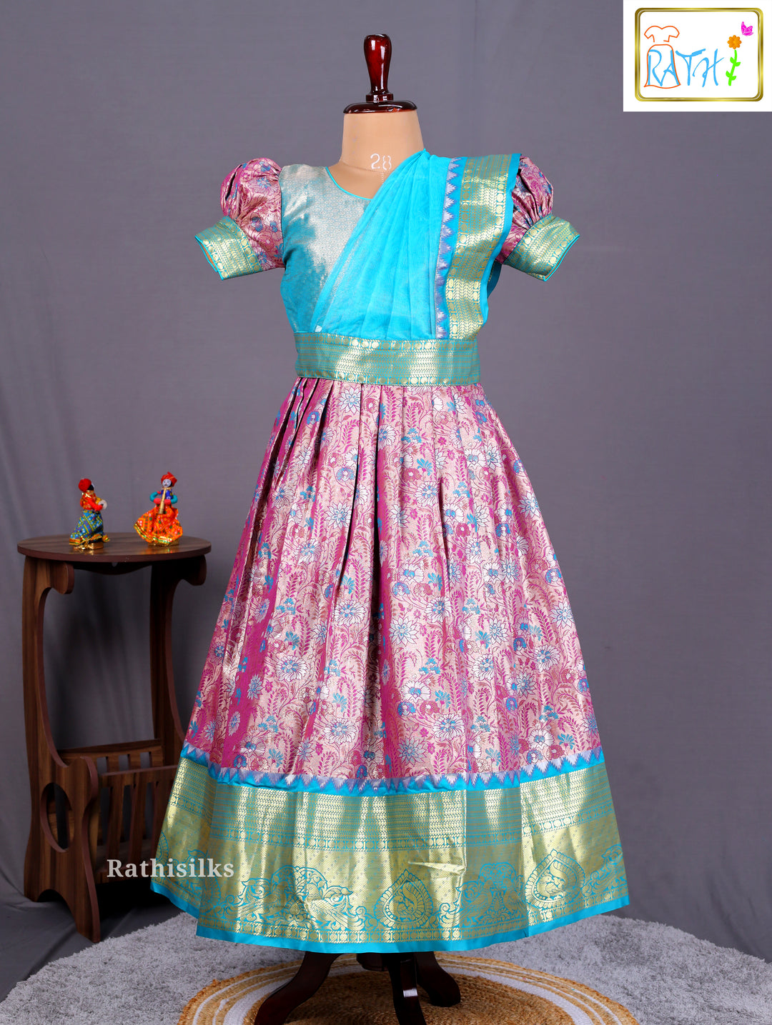 Girls’ Saree Dress with Turquoise Davani