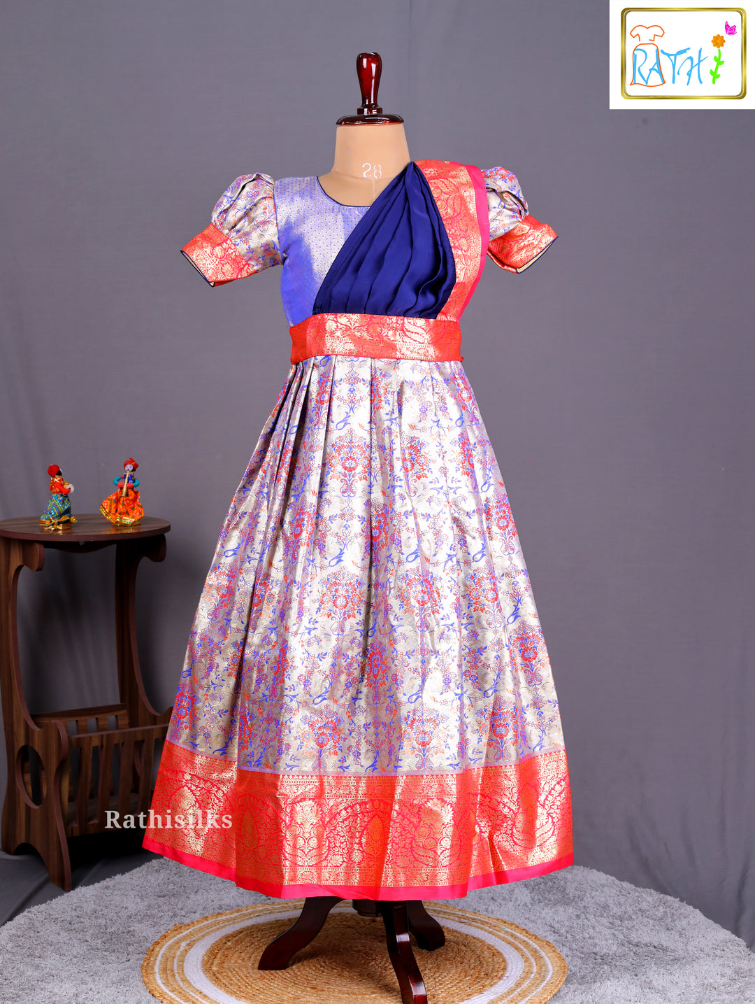 Girls' Saree Dress with Navy Blue Davani – Rathi Silks