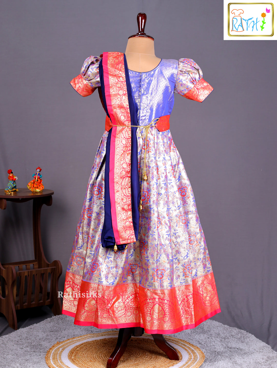 Girls’ Saree Dress with Navy Blue Davani
