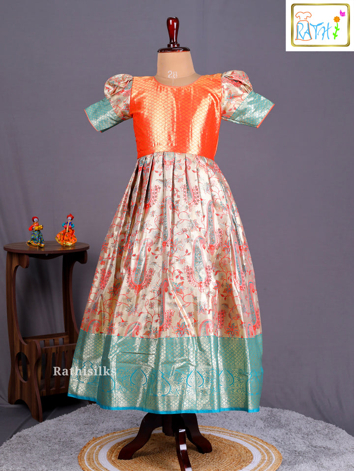 Girls’ Saree Dress with Orange Davani