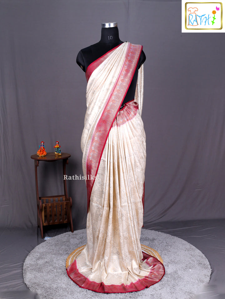 Cream & Maroon Banarasi Soft Silk Saree