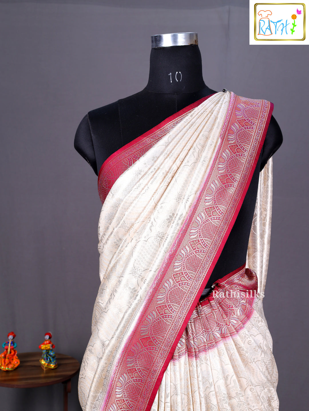 Cream & Maroon Banarasi Soft Silk Saree