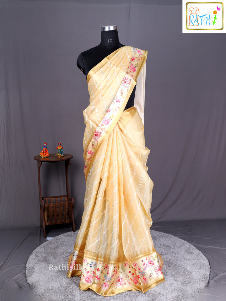 Pastel Yellow Synthetic Saree
